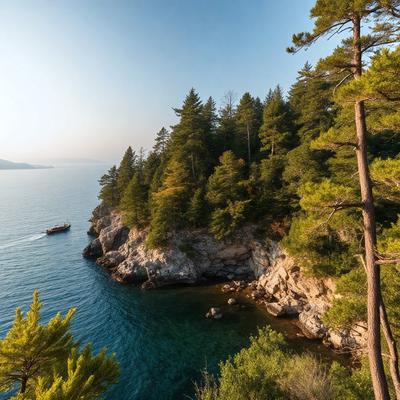 The primary subject of the image is a boat sailing on a large body of water, surrounded by a lush green forest. The setting is a serene lake, with the boat traveling near the shore. The visual style is a photo, capturing the natural beauty of the scene. The colors and mood are vibrant and peaceful, with the green forest and blue water creating a calming atmosphere.